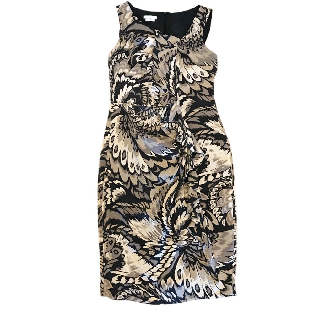 London Times Women's Metallic Peacock‎ Print Cascading Ruffle Midi Dress Size 8